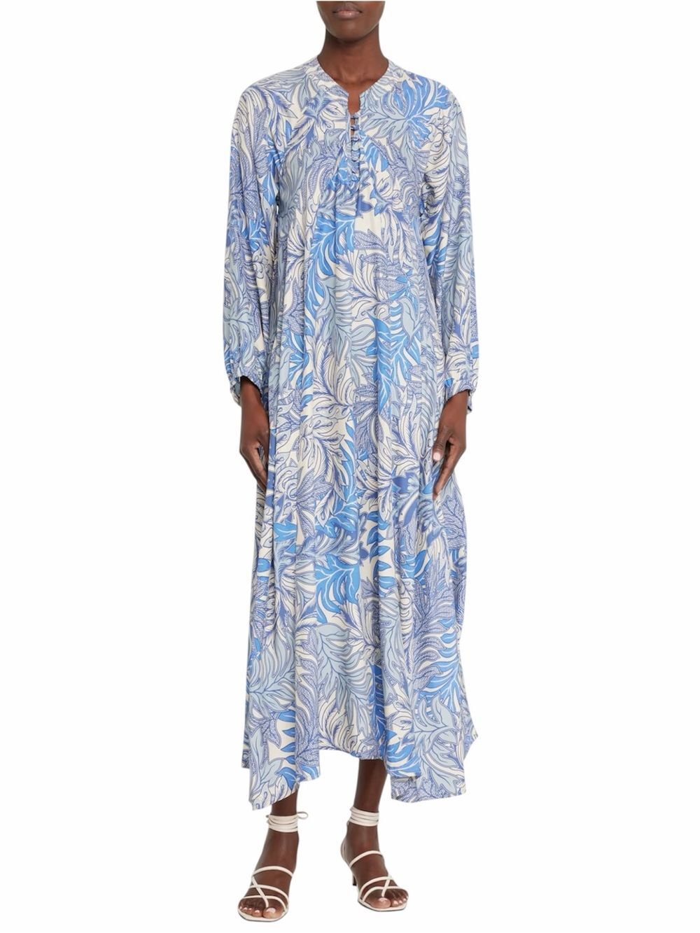 Natalie Martin Fiore Lake Blue Jungle Print Long Sleeve Silk Maxi Dress Medium